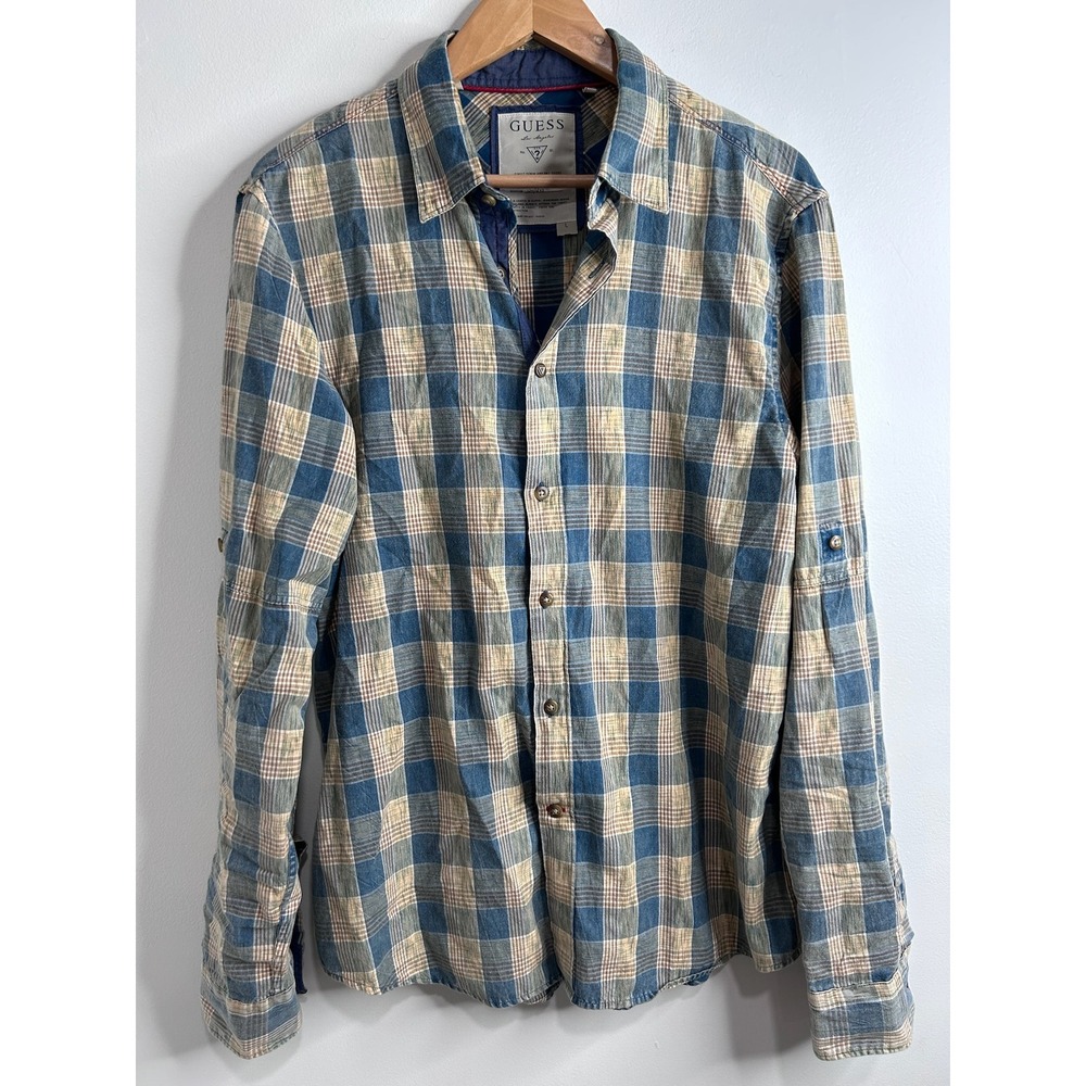 Y2K Guess Mens Plaid Button Down Shirt Sz L Blue Tan Western‎ Country Roll Tab